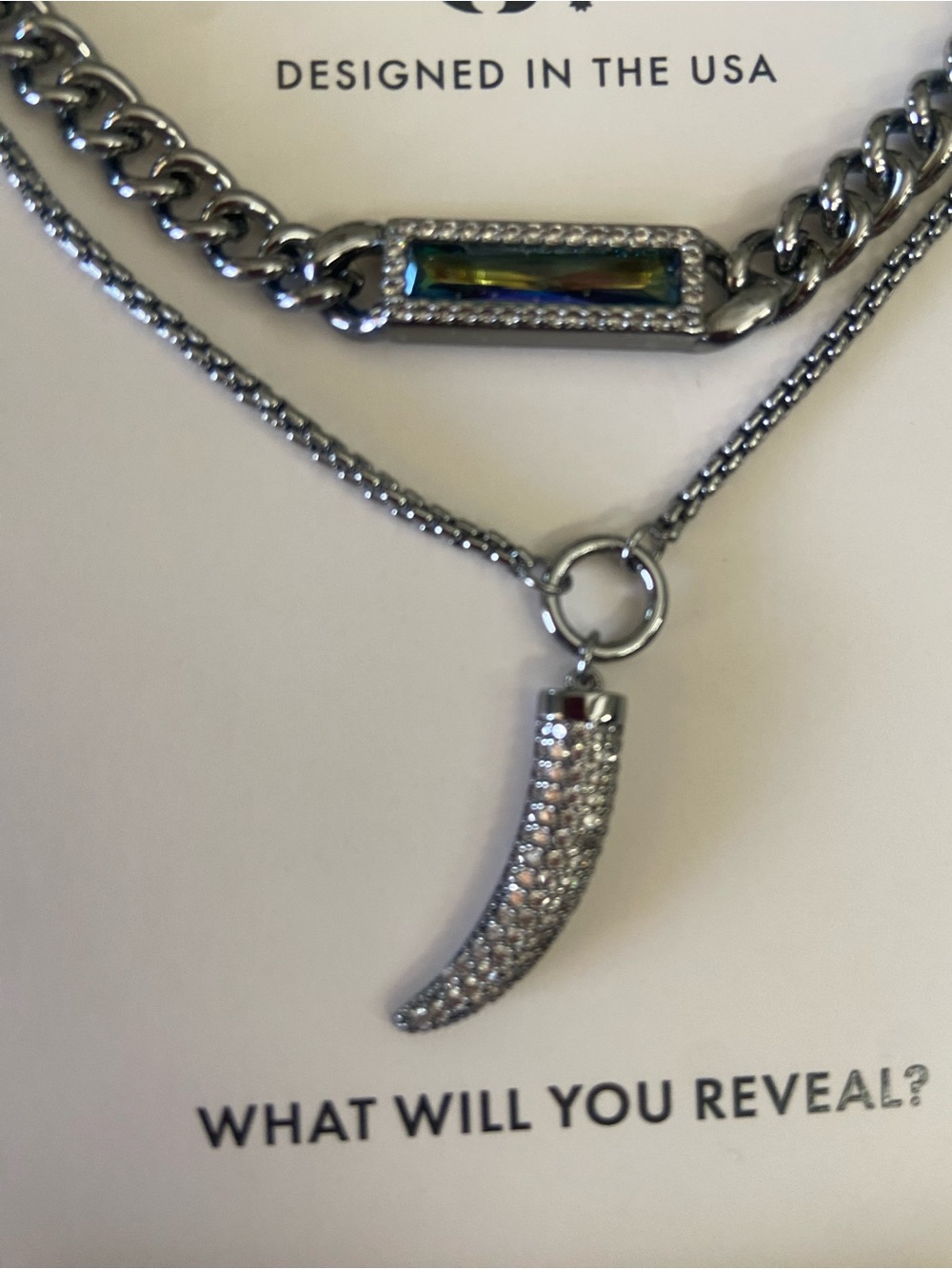 bp Silver-Tone Layered Necklace with Green Iridescent Bar & Pave Horn Pendant